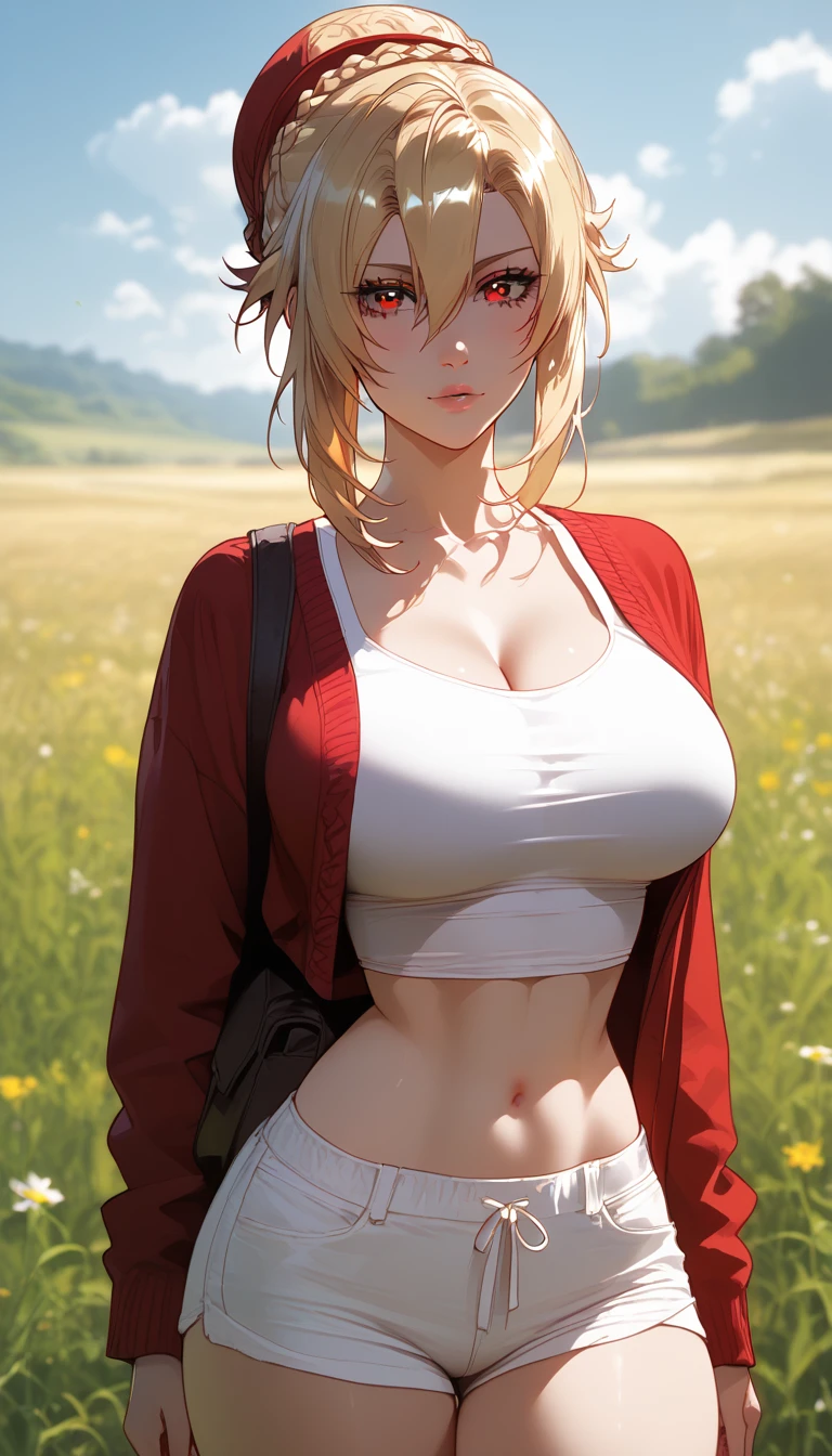 score_9, score_8_up, score_7_up, score_6_up, uncensored, angelica, blonde hair, braid, hair bun, red eyes, BREAK (masterpiece:1.2), best quality, high resolution, (beautiful detailed eyes:1.3), perfect lighting, (perfect hands, perfect anatomy), large breasts, casual, white tanktop, crop top, hotpants, red cardigan, black legwear, dynamic pose, cowboy shot, field, anime coloring, vivid colors, horizon, lens flare, 