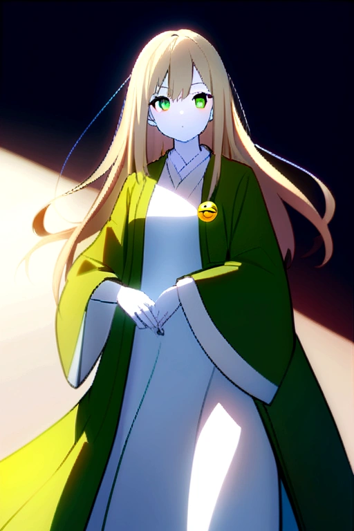a girl、white skin、light blonde hair、long hair、green eyes、wearing haori、smiley.