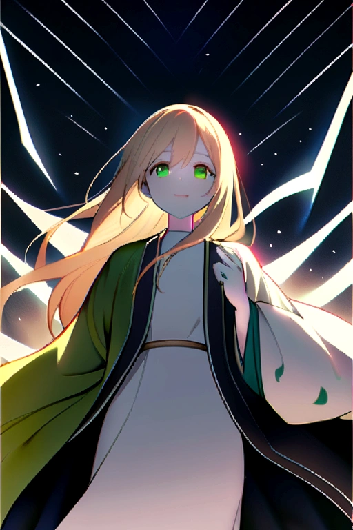 a girl、white skin、light blonde hair、long hair、green eyes、wearing haori、smiley.