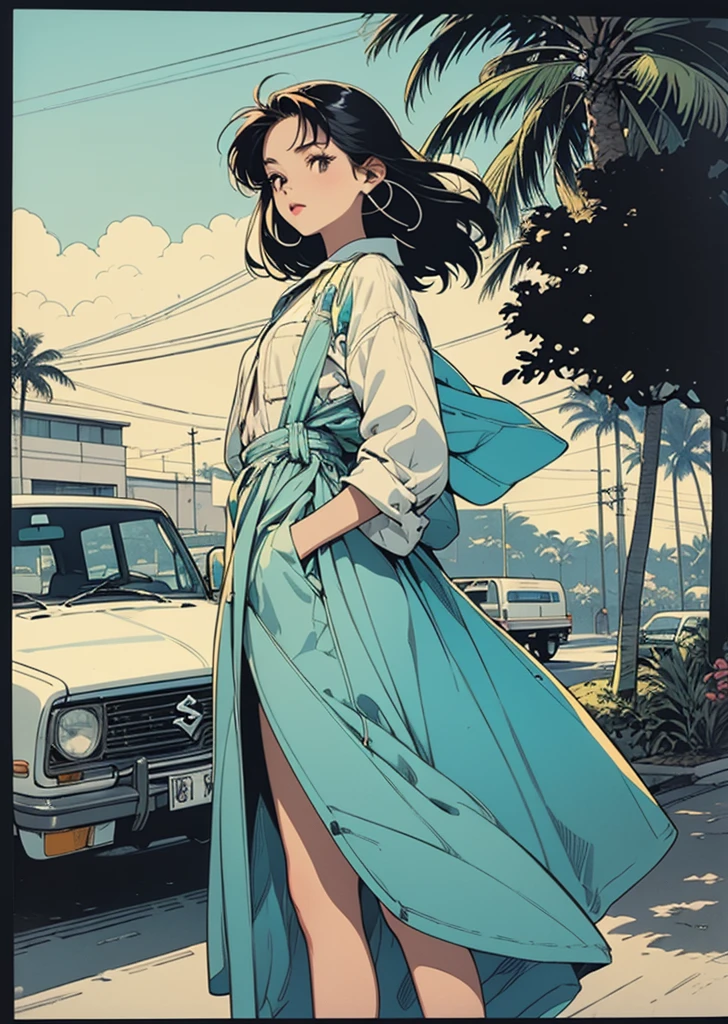 Retro Girl, Coastal Road、Palm Tree、Suzuki light truck, 1980s, fashion、(Flat Color, flat texture, Line art:1.2), Graphical Design, (Dark ink, Ink Black), 