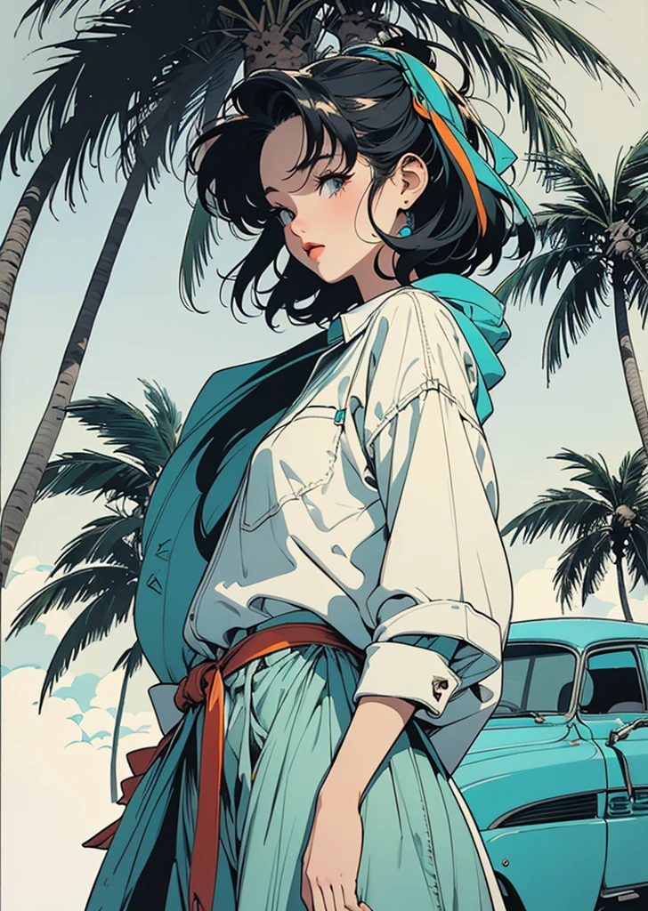 Retro Girl, Coastal Road、Palm Tree、Suzuki light truck, 1980s, fashion、(Flat Color, flat texture, Line art:1.2), Graphical Design, (Dark ink, Ink Black), 