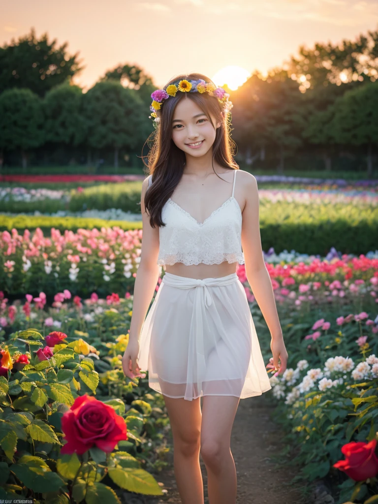 Full body photo,(((Slim body)))),15 years old, twilight rays, naked, flower crown, ((Tokugawaen))), rose front blur, bokeh, photorealistic, surrounded by colorful roses, ((smiling)))))), (1 girl), (sunset:1.3), (8k, RAW photography, best quality, masterpiece:1.2), (realistic, photorealistic:1.37), best quality, Ultra High Definition,(Standing in a Flower Garden:1.3), (Vivid and Colorful:1.3)