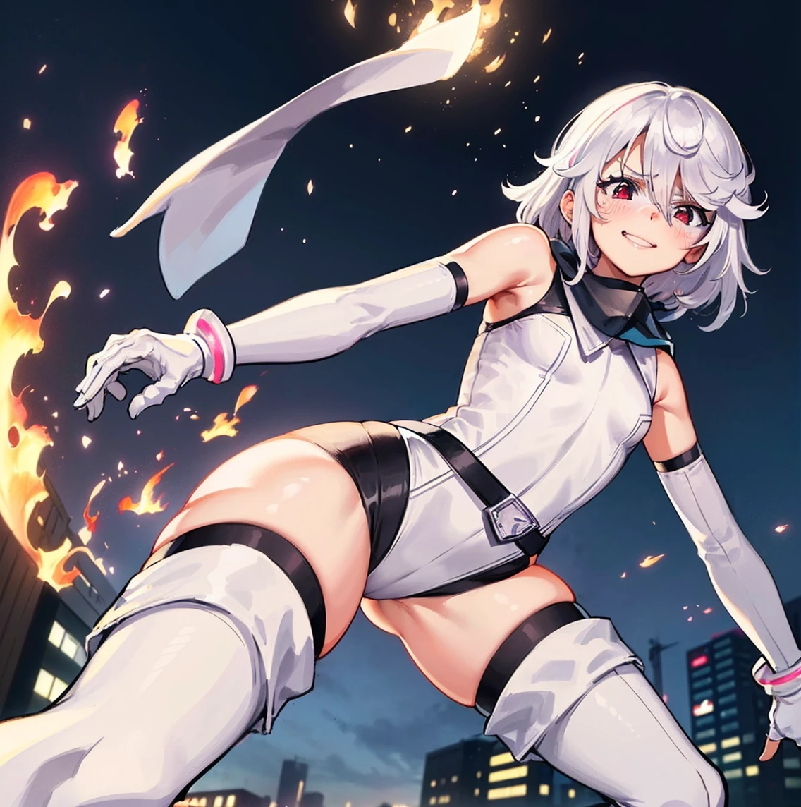((1 girl)), ((alone)), momijiyama teru, ((Extremely detailed CG unity 4k wallpaper)), (Masterpiece), (ultra quality), (Ultra detailed), (best illustration), ( best shadow), (extremely detailed), looking at viewer, (absurdities), (detailed background), curvy body, dynamic pose, cowboy photo, small breasts, medium waist, wide hips, wide thighs, round butt,(( shy, gloves, elbow-length gloves, thigh highs, white gloves, leotard, short hair, white hair, boots, red eyes, white leotard, bare shoulders, hair between eyes, high heels, (mask:1), belt, scarf , hood, angry, determined, fire in arms, fire background, background, face mask ,(clenched hands:1), angry )), seductive, Standing, cowboy photo, backlight, ((only)), ((Standing:1.4, outdoor, cityscape, city, streets, sunset, (sexy smile, sexy pose: 1.4) , looking forward, ((focus on thighs), pov: (from below), perfect anatomy, perfect hands,
