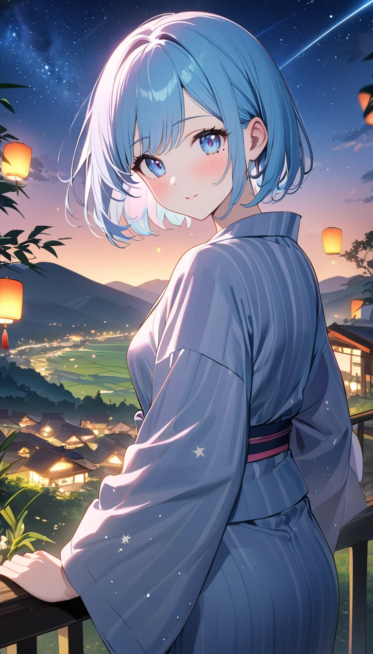 (1 girl), (Best Picture Quality, 8K, Masterpiece:1.3), (high school student:1.5), (pink lob hair:1.1), [skyblue hair:0.1], (bob cut), (swept bangs), (cute eyes, pupil black, iris skyblue, youthful face), (mole under right eye), (standard weight), (small breasts), (glistening skin:1.1), (pale skin:1.2), ((yukata decorated with stars and galaxies, magical glow of light enveloping the yukata)), (standing by a riverbank under a starlit sky with the Milky Way visible), (bamboo trees with colorful tanzaku swaying in the breeze), (floating lanterns), (picturesque landscape with rolling hills, quaint village, and floating islands in the sky), (ethereal mist and shimmering lights).