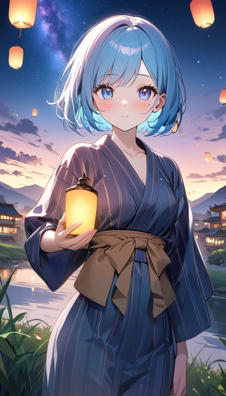 (1 girl), (Best Picture Quality, 8K, Masterpiece:1.3), (high school student:1.5), (pink lob hair:1.1), [skyblue hair:0.1], (bob cut), (swept bangs), (cute eyes, pupil black, iris skyblue, youthful face), (mole under right eye), (standard weight), (small breasts), (glistening skin:1.1), (pale skin:1.2), ((yukata decorated with stars and galaxies, magical glow of light enveloping the yukata)), (standing by a riverbank under a starlit sky with the Milky Way visible), (bamboo trees with colorful tanzaku swaying in the breeze), (floating lanterns), (picturesque landscape with rolling hills, quaint village, and floating islands in the sky), (ethereal mist and shimmering lights).