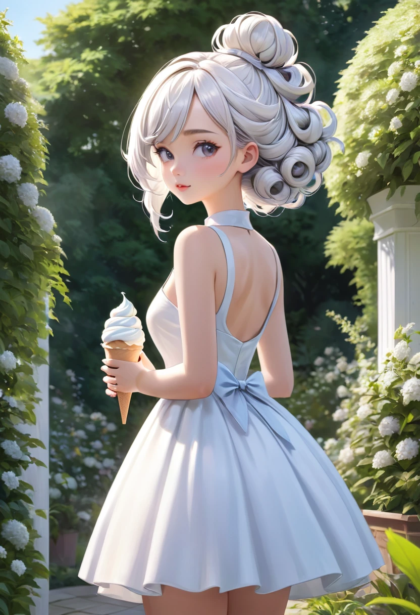 masterpiece, best quality, extremely detailed, girl,whit hair,(((like a soft serve ice cream hair style ))),((A hairstyle in which the hair is rolled up on top of the head )),standing,dress,in the garden