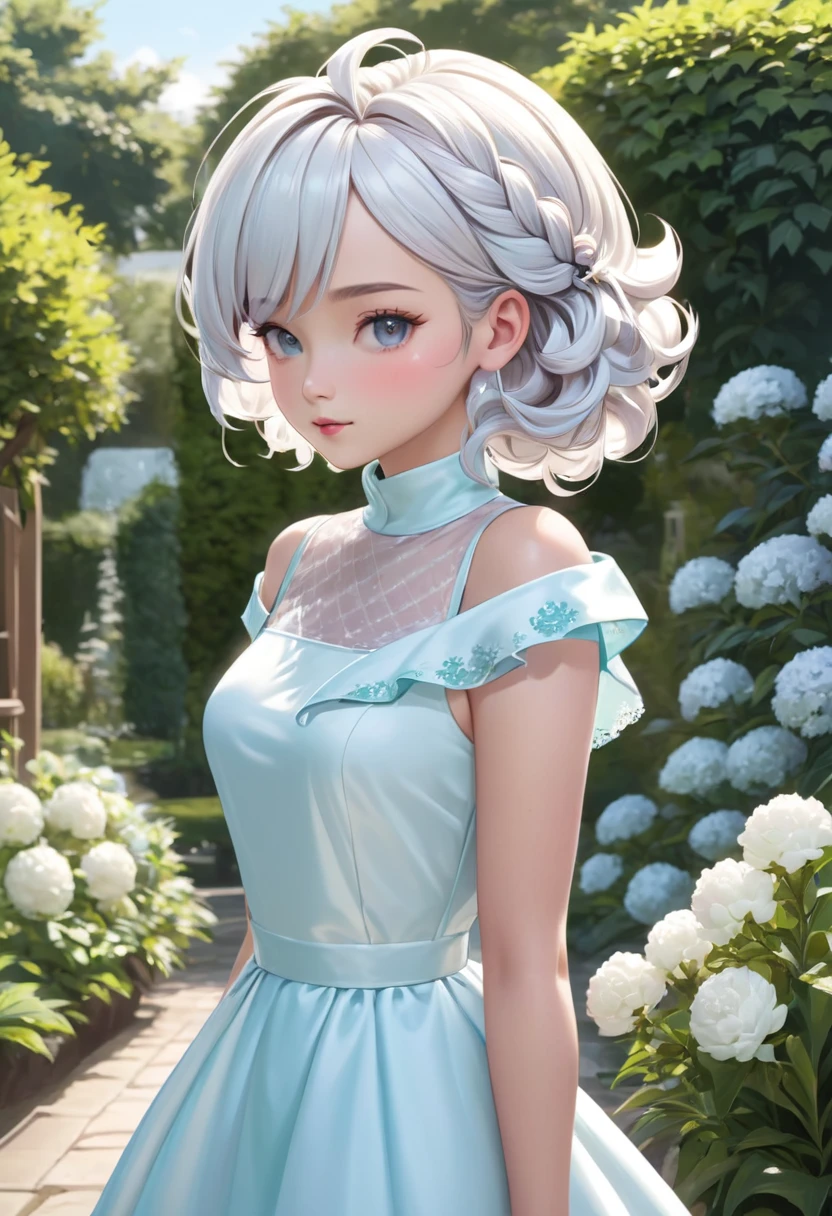 masterpiece, best quality, extremely detailed, girl,whit hair,(((like a soft serve ice cream hair style ))),((A hairstyle in which the hair is rolled up on top of the head )),standing,dress,in the garden