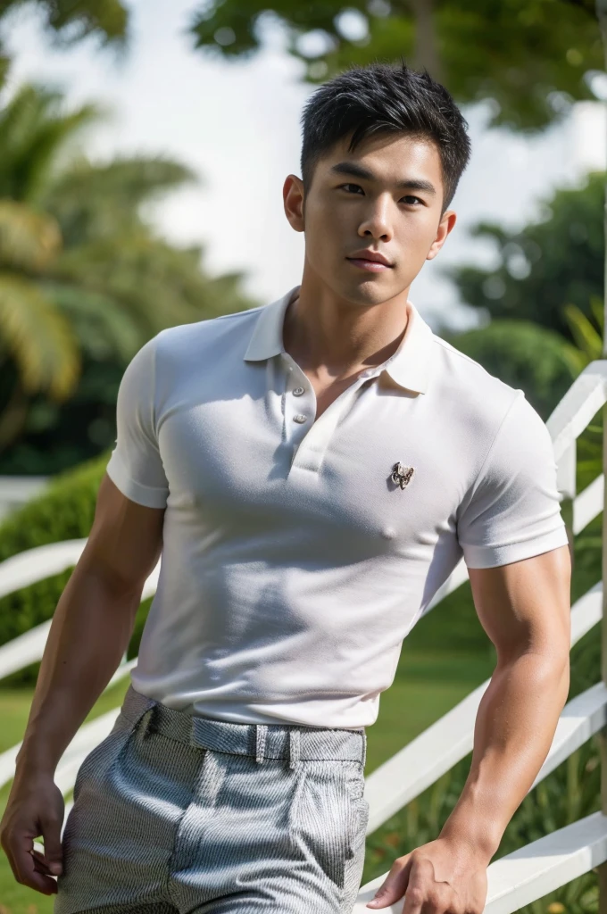 25 year old muscular Asian man, The face looks like that of an Indonesian artist., Bold and cool, Wear a tight white polo shirt., chest visible, Wear black trousers., ((in wonderland)), Pose, Photo model, Very high quality, Very high resolution,