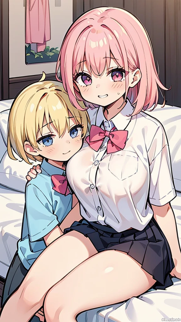 masterpiece, Highest quality, so beautiful, Absurd,High resolution,One girl, ((((One boy)))),Cuddling in bed, like,sexy,Look at each one, blush,Age difference,bow tie,Blonde,chest,Long Hair,Pink Hair,pleated skirt,Tucked in shirt,short hair,skirt,smile,Tent shirt,bare bra