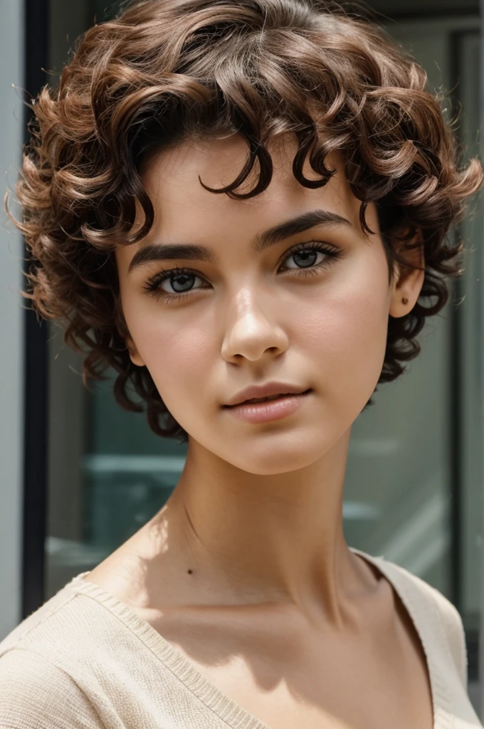 A square faced girl with curly short hair coming to the neck