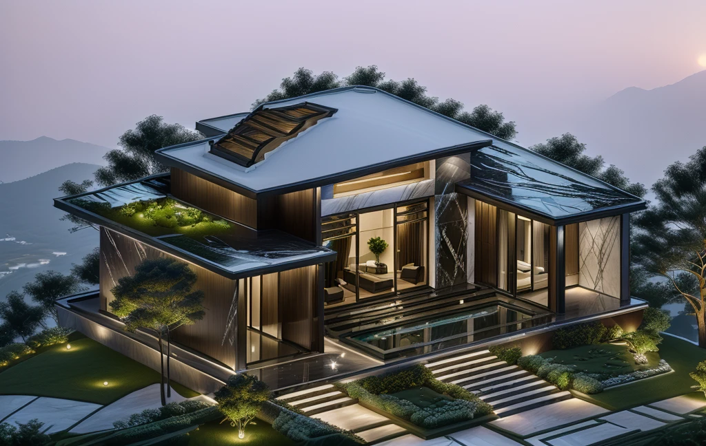 3D render of a beautiful house, Dark, gray tones, white wall. lumion render, night time render, insanely detailed rendering, realistic architecture, architectural visualization. The staircase leading into the house is tiled with black marble and has bright LED lights. Behind are hills and mountains with clear blue sky. The house with a large porch to sit and drink tea and LED lights, there is a large patio with a POOL, pine trees, grass, garden stones, roses, modernism, vivid and detailed, zen garden, lush garden surroundings, residential design, lush landscaping, dense with greenery, pristine and clean design, clean and pristine design. FLOWER GARDEN OF THE HOUSE WITH GREEN TREES AND LIGHTS. The main door is made of black aluminum and glass reaching up to the ceiling. Looking through the glass windows to look inside the house with luxurious interiors with luxurious and warm lights, interior lighting rendering and lighting effects. marble and wood and glass, dark and modern, luxcore render, taken with professional photography techniques, using a wide angle lens with bright natural light and high resolution details, in the style of professional photograph, hyper realistic, highly detailed.