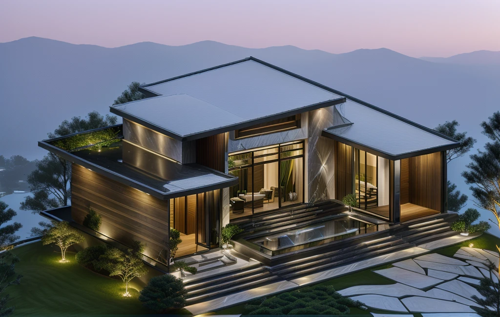 3D render of a beautiful house, Dark, gray tones, white wall. lumion render, night time render, insanely detailed rendering, realistic architecture, architectural visualization. The staircase leading into the house is tiled with black marble and has bright LED lights. Behind are hills and mountains with clear blue sky. The house with a large porch to sit and drink tea and LED lights, there is a large patio with a POOL, pine trees, grass, garden stones, roses, modernism, vivid and detailed, zen garden, lush garden surroundings, residential design, lush landscaping, dense with greenery, pristine and clean design, clean and pristine design. FLOWER GARDEN OF THE HOUSE WITH GREEN TREES AND LIGHTS. The main door is made of black aluminum and glass reaching up to the ceiling. Looking through the glass windows to look inside the house with luxurious interiors with luxurious and warm lights, interior lighting rendering and lighting effects. marble and wood and glass, dark and modern, luxcore render, taken with professional photography techniques, using a wide angle lens with bright natural light and high resolution details, in the style of professional photograph, hyper realistic, highly detailed.