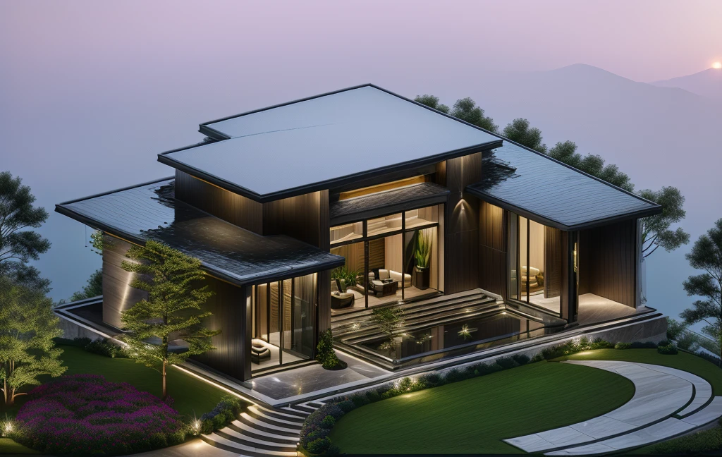 3D render of a beautiful house, Dark, gray tones, white wall. lumion render, night time render, insanely detailed rendering, realistic architecture, architectural visualization. The staircase leading into the house is tiled with black marble and has bright LED lights. Behind are hills and mountains with clear blue sky. The house with a large porch to sit and drink tea and LED lights, there is a large patio with a POOL, pine trees, grass, garden stones, roses, modernism, vivid and detailed, zen garden, lush garden surroundings, residential design, lush landscaping, dense with greenery, pristine and clean design, clean and pristine design. FLOWER GARDEN OF THE HOUSE WITH GREEN TREES AND LIGHTS. The main door is made of black aluminum and glass reaching up to the ceiling. Looking through the glass windows to look inside the house with luxurious interiors with luxurious and warm lights, interior lighting rendering and lighting effects. marble and wood and glass, dark and modern, luxcore render, taken with professional photography techniques, using a wide angle lens with bright natural light and high resolution details, in the style of professional photograph, hyper realistic, highly detailed.