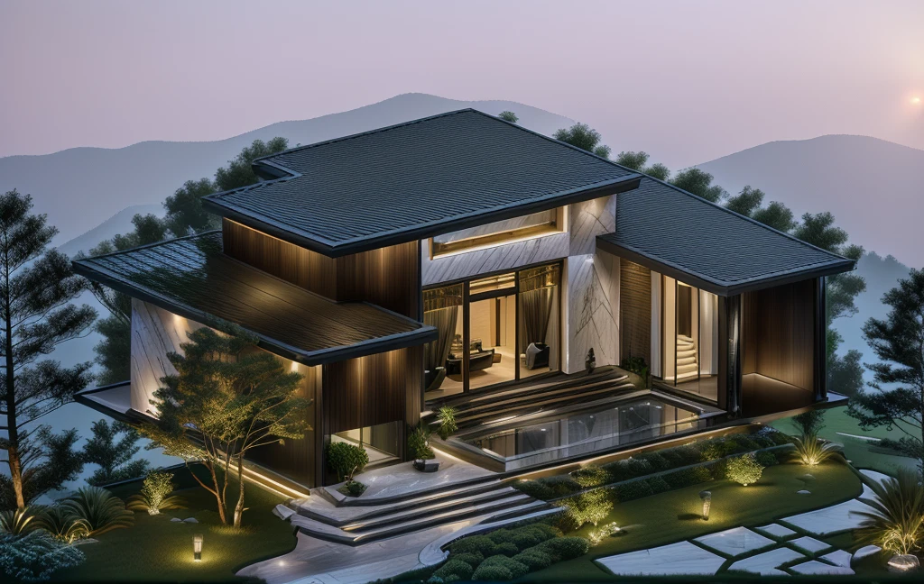 3D render of a beautiful house, Dark, gray tones, white wall. lumion render, night time render, insanely detailed rendering, realistic architecture, architectural visualization. The staircase leading into the house is tiled with black marble and has bright LED lights. Behind are hills and mountains with clear blue sky. The house with a large porch to sit and drink tea and LED lights, there is a large patio with a POOL, pine trees, grass, garden stones, roses, modernism, vivid and detailed, zen garden, lush garden surroundings, residential design, lush landscaping, dense with greenery, pristine and clean design, clean and pristine design. FLOWER GARDEN OF THE HOUSE WITH GREEN TREES AND LIGHTS. The main door is made of black aluminum and glass reaching up to the ceiling. Looking through the glass windows to look inside the house with luxurious interiors with luxurious and warm lights, interior lighting rendering and lighting effects. marble and wood and glass, dark and modern, luxcore render, taken with professional photography techniques, using a wide angle lens with bright natural light and high resolution details, in the style of professional photograph, hyper realistic, highly detailed.