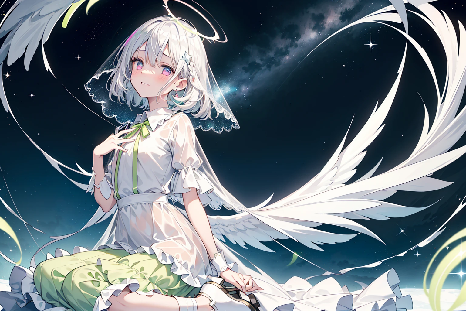 (best quality), (top-quality), (hight resolution), 8K images, (masterpiece), ((perfect face)), (detailed face), (detailed eyes), (clear lines), hair strand,Light skin, ((1girl)), ((solo)), beautiful fantasy anime, top rated on pixiv, (expressive eyes), (perfect eyes), (((bright light pink eyes))), perfect face, grinning, ((white silver hair)), (short white hair), braided bangs, hair over eyes, earrings, {{{{{{{super flat chest}}}}}}}, {{{{{{{flat chest}}}}}}}, (((((flat chest))))),(((lime green collar shirt))), (((lime green outfit))), (lime frilly outfit), (ankle length dress), (a lot of frilly), (lime ta style), (loliashion), (((long veil covering head))), (((gorgeous angel halo above head))), she is floating in the air , ((holding a silver wand with a lot of stars)),Award-winning photo,extremely detailed,finely detailled, (floating glowing crystals), wide shot, (beautiful detailed sky with a lot of stars),(galactic), (lots of beautiful and delicate water), offficial art, game spash art, ultra epic detailed sky, perfect lighting, a lot of ice, magic silver chains around, full body like, star rain, gorgeous background