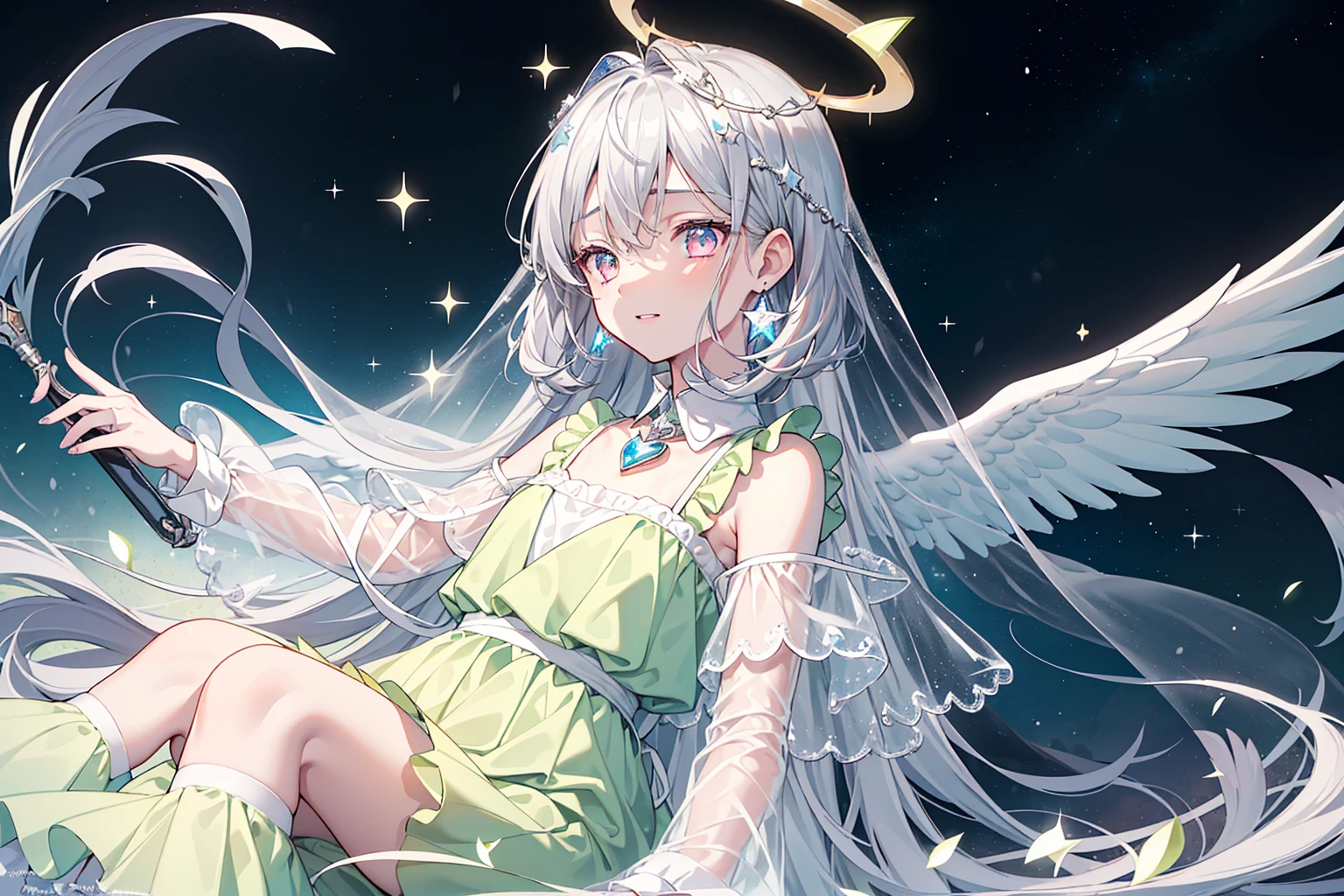 (best quality), (top-quality), (hight resolution), 8K images, (masterpiece), ((perfect face)), (detailed face), (detailed eyes), (clear lines), hair strand,Light skin, ((1girl)), ((solo)), beautiful fantasy anime, top rated on pixiv, (expressive eyes), (perfect eyes), (((bright light pink eyes))), perfect face, grinning, ((white silver hair)), (short white hair), braided bangs, hair over eyes, earrings, {{{{{{{super flat chest}}}}}}}, {{{{{{{flat chest}}}}}}}, (((((flat chest))))),(((lime green collar shirt))), (((lime green outfit))), (lime frilly outfit), (ankle length dress), (a lot of frilly), (lime lolita style), (lolita fashion), (((long veil covering head))), (((gorgeous angel halo above head))), she is floating in the air , ((holding a silver wand with a lot of stars))，Award-winning photo，extremely detailed，finely detailled, (floating glowing crystals), wide shot, (beautiful detailed sky with a lot of stars)，(galactic), (lots of beautiful and delicate water), offficial art, game spash art, ultra epic detailed sky, perfect lighting, a lot of ice, magic silver chains around, full body like, star rain, gorgeous background