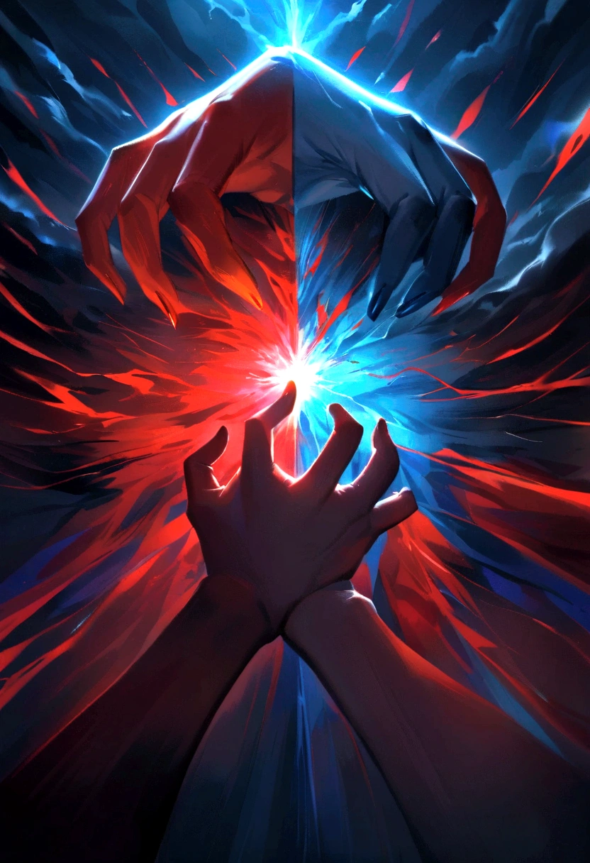 half of the image red and the other half blue, in the middle of the image a hand that symbolizes people's control, image with aggressive lights