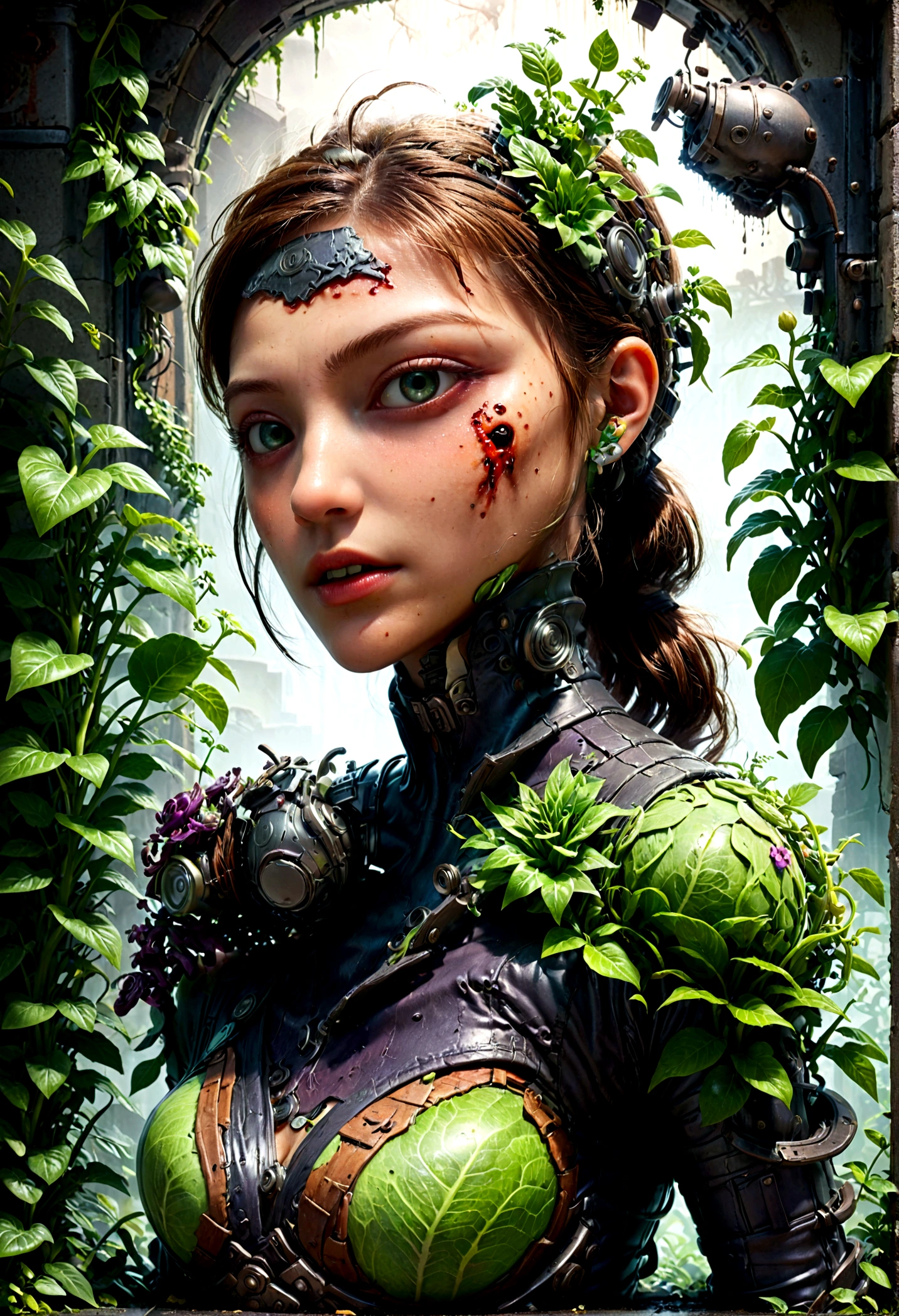 Plants vs. Zombies, detailed plants vs zombies, botanical garden, overgrown greenery, nature vs technology, vibrant colors, lush foliage, decaying ruins, post-apocalyptic, dark fantasy, cinematic lighting, dramatic shadows, highly detailed, intricate textures, 8k, masterpiece, best quality, very aesthetic, absurdres