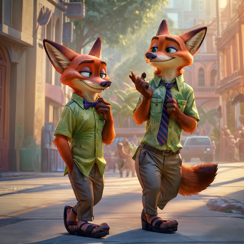 Nick Wilde melts Hawaiian,black jacket, green shirt with bow tie, and khaki trousers, sandals with heels, digital art, ((perfect face)), ((Best quality)), ((masterpiece))