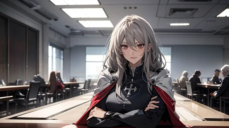 (Confused, High resolution, Very detailed), 1 female, Silver Hair,Long Hair,Reddish brown eyes,Blue and black pilot suit,24th generation,beauty,mature,thin,quiet,Calm,sit cross-legged at a table in a conference room,Busy,seems to be happy,White long cloak,