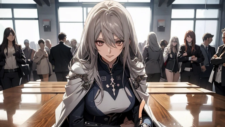 (Confused, High resolution, Very detailed), 1 female, Silver Hair,Long Hair,Reddish brown eyes,Blue and black pilot suit,24th generation,beauty,mature,thin,quiet,Calm,sit cross-legged at a table in a conference room,Busy,seems to be happy,White long cloak,