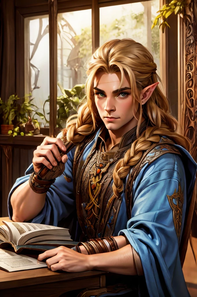 magical bracers, a large curved blade, hair braided, A sword is on the table in front of him, a 40-year-old Male Elf is sitting behind a table filled with papers and open books the background an office or a library with lots of papers and maps on the wall. He is wearing a Taoist cleric robe. There is a sword on the table.
