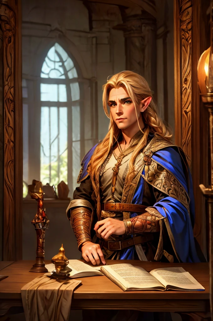 magical bracers, a large curved blade, hair braided, A sword is on the table in front of him, a 40-year-old Male Elf is sitting behind a table filled with papers and open books the background an office or a library with lots of papers and maps on the wall. He is wearing a Taoist cleric robe. There is a sword on the table.
