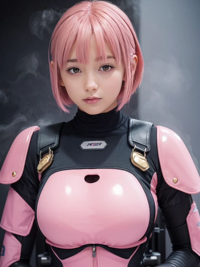 (bangs:1.3), (deep mist  :1.5), (mixed pink hair :1.4),(perfect skin girl:1.4),(beautiful hair1.3),(gigantic boobs:1.3) 
(pile carbon suits:1.3),(neatly groomed short hair :1.4),(gold eyes:1.3)