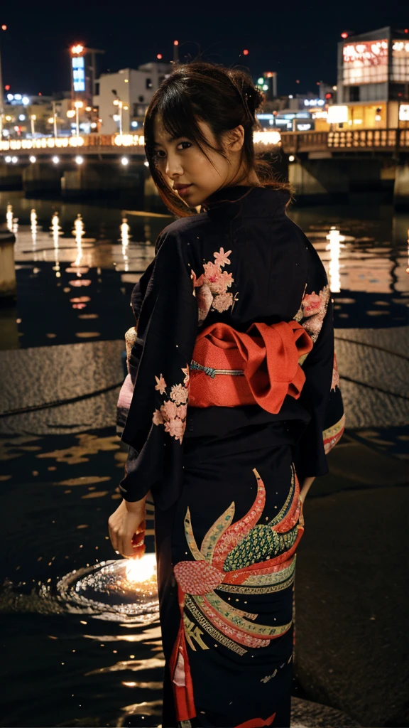 osaka city reference, city street with a river and a bridge at night and cruiser ship at middle of river, japanese city at night, japanese neon signs, japan at night, japanese city, glowing light, Bird eye view: A woman looking at the river、Yukata、