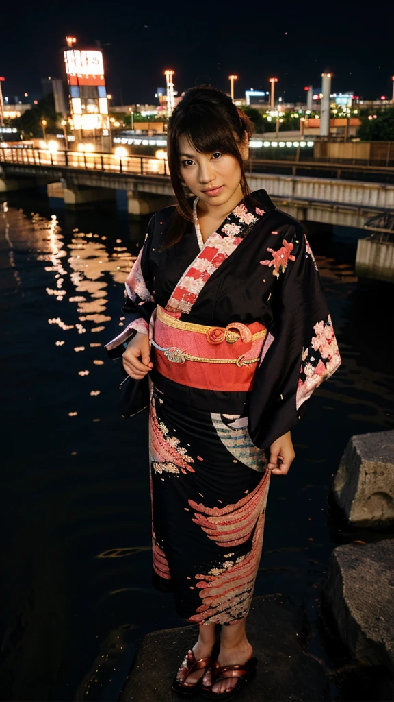 osaka city reference, city street with a river and a bridge at night and cruiser ship at middle of river, japanese city at night, japanese neon signs, japan at night, japanese city, glowing light, Bird eye view: A woman looking at the river、Yukata、