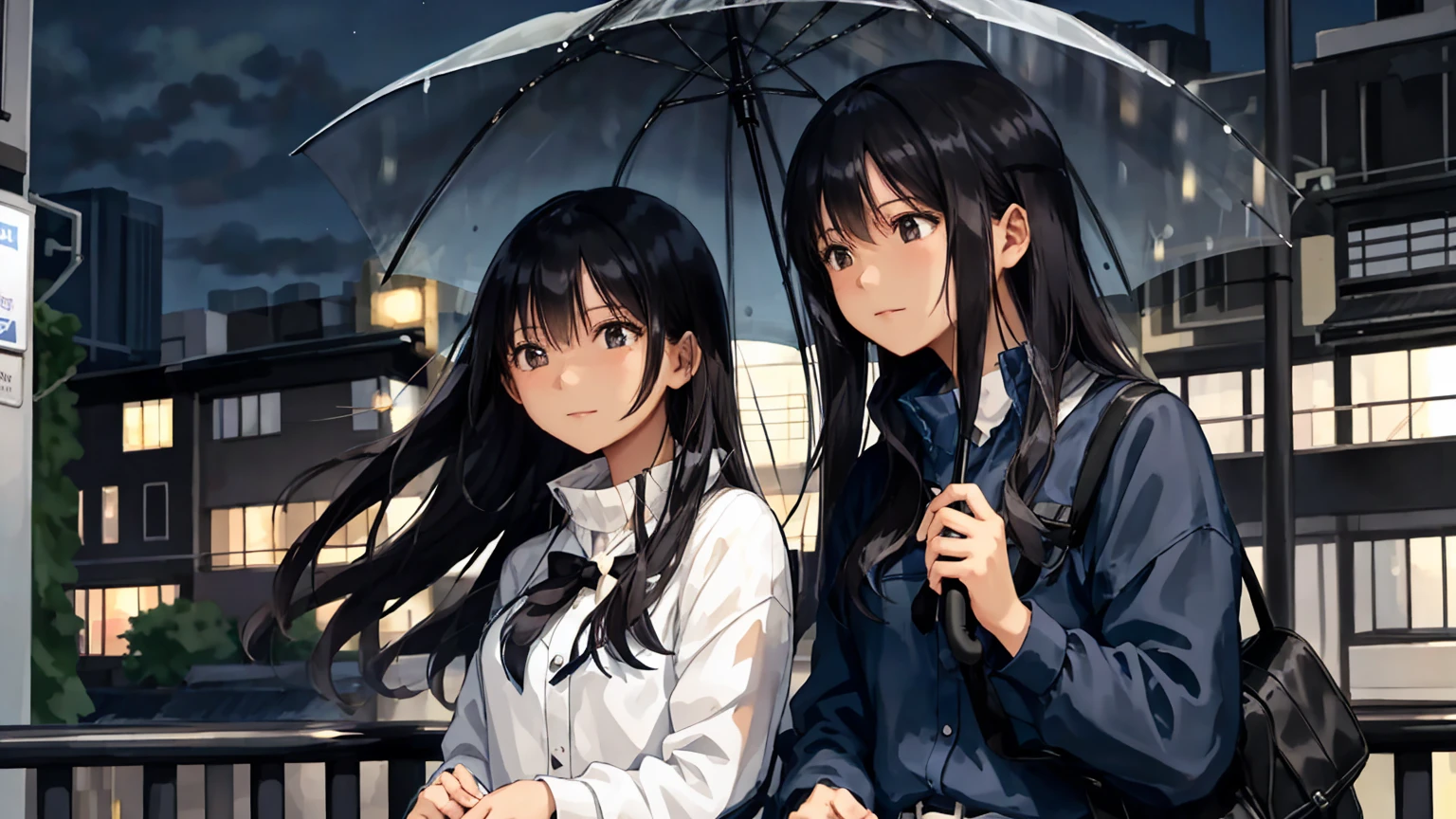 A July night in the city, with a cool breeze blowing through the buildings. After the rain, stars twinkle through the gaps in the clouds. A man and a woman, with the woman's long black hair flowing in the wind, enjoying a moment of twilight in the summer night. They are not carrying umbrellas, dressed in casual urban summer clothing, adding to the relaxed atmosphere of the urban landscape.