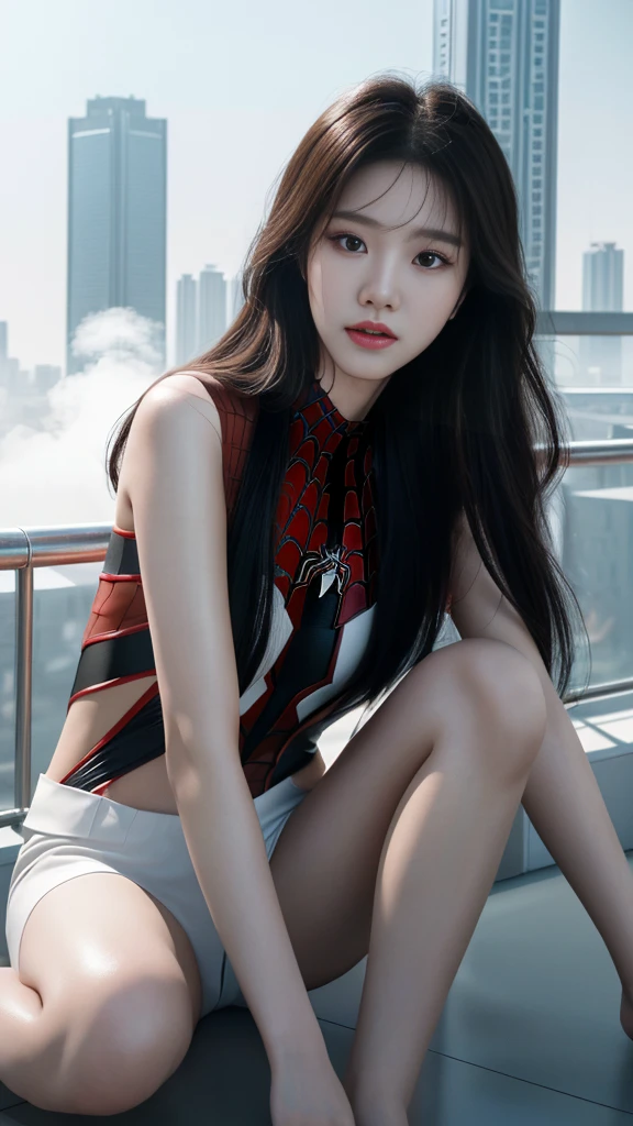 (1 woman:1.3), alone, (((Very detailed face)))), ((very detailed 눈과 얼굴)))), beautiful 디테일의 눈, body parts__, official art, Integrated 8K wallpaper, very detailed, beautiful and beautiful, beautiful, masterpiece, best quality, original, masterpiece, very nice photo, best quality, ultra high resolution, realistic realism, sunlight, full body portrait, amazing beauty, dynamic pose, delicate face, lively eyes, (from the front), she wears a spiderman suit, red and black color scheme, spider, very detailed 도시 지붕 배경, rooftop, city view, detailed face, Detailed complex busy background, crummy, very cool, milk white, very detailed 피부, realistic skin details, visible pores, clear focus, volumetric fog, 8k words, dslr, high quality, film grain, fair skin, photo realism, lomography, Futuristic dystopian megacity, transparent