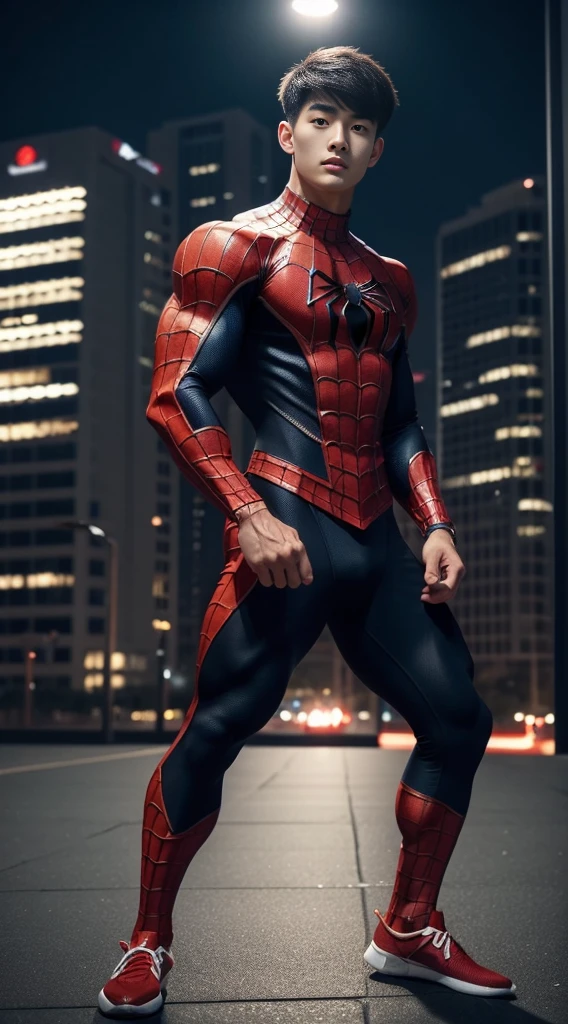 Young Korean boy in a detailed Spider-Man costume., Red and black color scheme :: Highly detailed, แมงมุมที่มีHighly detailed, ดวงตาที่มีHighly detailed, นิ้วที่มีHighly detailed, Take the whole body, Quiv haircut, dynamic poses, Look at the camera, Detailed parts of the face, Manly, nighttime, city scenery, city lights, Detailed city roof background, Monk sex, perfect anatomy, Symmetrical body, Asia, 19 years old, realistic, human skin, short hairstyle, handsome chad chin, handsome, sit, open legs, charming, Be a man, sexually charming, human skin, (Make eye contact), charming, Big hip pants, very good, depth of field, perfect composition, in the middle
