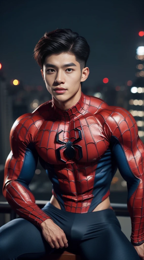 Young Korean boy in a detailed Spider-Man costume., Red and black color scheme :: Highly detailed, แมงมุมที่มีHighly detailed, ดวงตาที่มีHighly detailed, นิ้วที่มีHighly detailed, Take the whole body, Quiv haircut, dynamic poses, Look at the camera, Detailed parts of the face, Manly, nighttime, city scenery, city lights, Detailed city roof background, Monk sex, perfect anatomy, Symmetrical body, Asia, 19 years old, realistic, human skin, short hairstyle, handsome chad chin, handsome, sit, open legs, charming, Be a man, sexually charming, human skin, (Make eye contact), charming, Big hip pants, very good, depth of field, perfect composition, in the middle