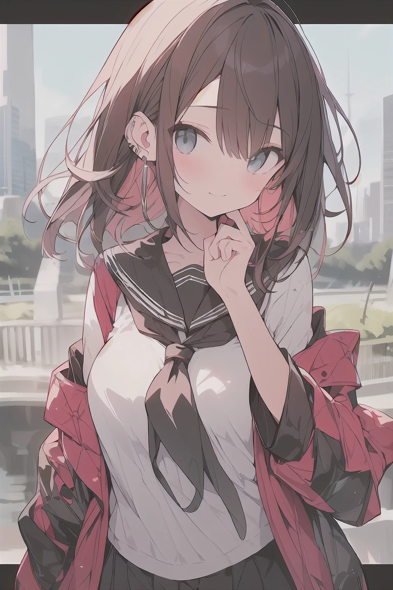 (best quality), (Super detailed), (Best Illustration), (masterpiece), score_9, score_8_up, score_7_up, 4k, (1woman), solo, high contrast, look at viewer, {(white serafuku:1.2)}, (large breasts), {(detailed eyes), blue eyes}, {brown hair, (sideburns), (bob cut:1.3), curly hair, hairs between eyes, colored inner hair}, blush, earring, wind, (panoramic view:1.3)