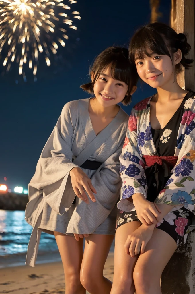 2 girls in beach at night,long-sleeved yukata,fireworks,18-year-old,bangs,a little smile,thighs,knees,short hair with low pigtails bunches,from below,front light