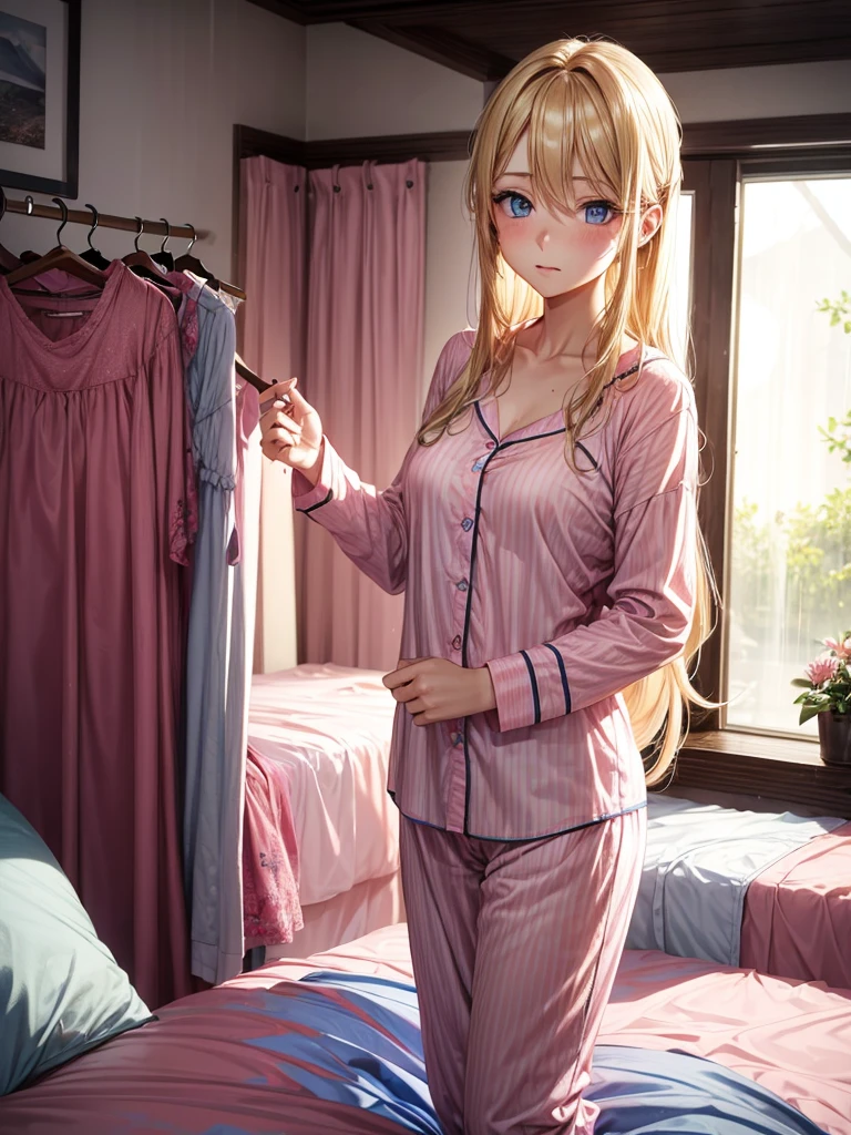 an adult woman, Blonde, loose hair, blue eyes, with pink pajamas, waking up on a rainy day in his room