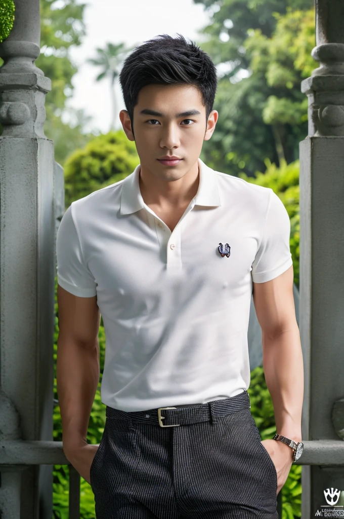 25 year old muscular Asian man, The face looks like that of an Indonesian artist., Bold and cool, Wear a tight white polo shirt., chest visible, Wear black trousers., ((in wonderland)), Pose, Photo model, Very high quality, Very high resolution,