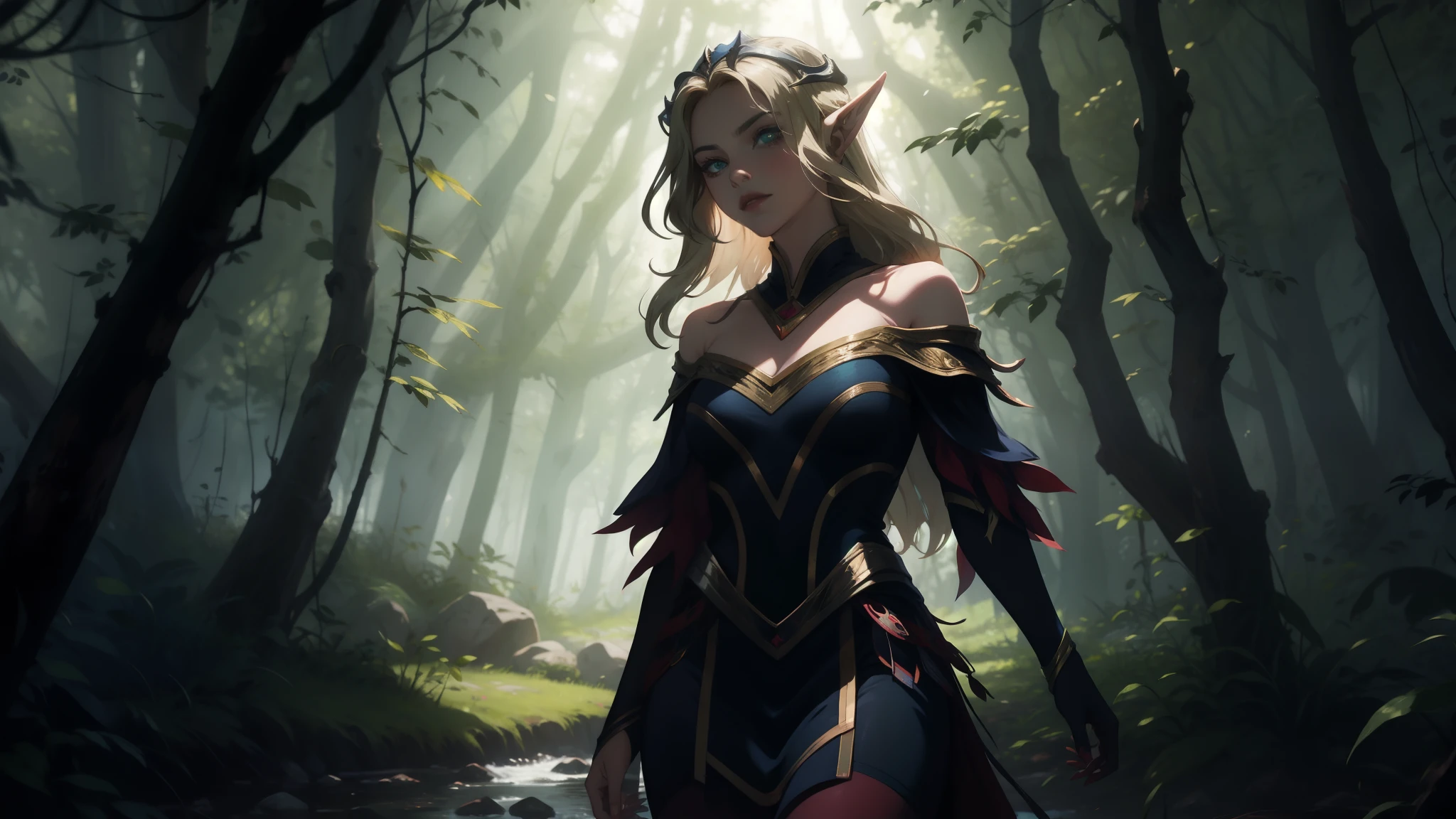 "Elf with a captivating look, unearthly beauty, flowing golden hair, pointed ears, dressed in elaborate elven attire, surrounded by a mystical forest, soft sunlight, breaking through lush greenery."