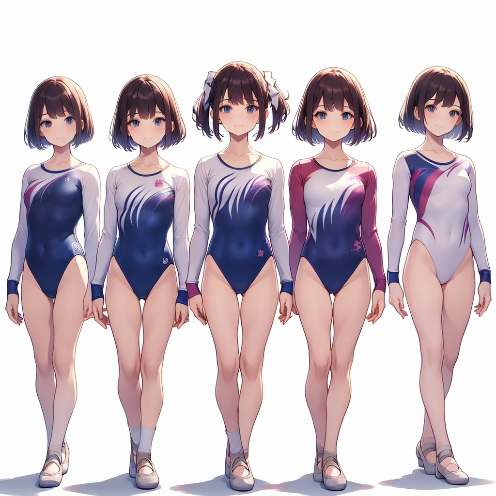 Gymnastics club,(4 girls:1.3),(long sleeves leotard:1.3),full body, bob cuts hair, long hair, (over 16 years old, under 19 years old:1.2), ballet shoes, white background
