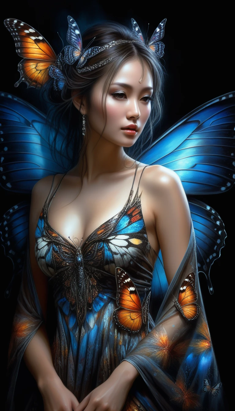 Ultra realistic digital painting of a beautiful woman with butterfly wings emerging from a dark background, dramatic lighting and vibrant colors, intricate patterns and designs on the dress and wings, highly detailed and realistic in the style of fantasy artists Luis Royo and Yoshitaka Amano