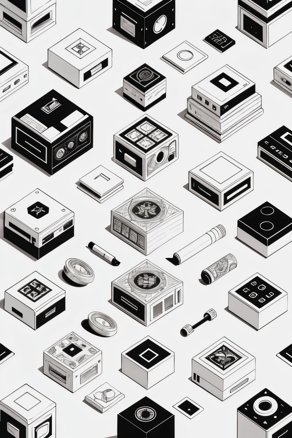 a black and white drawing of various items on a white background, 90 s games, repeating pattern. seamless, ffffound, desktop, waldo in the top right of frame, whole tattoo, old scroll, astral background, google, full width, key is on the center of image, games