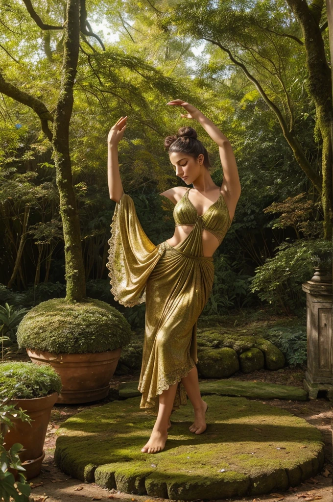 A whimsical miniature figure composed of delicately arranged autumn leaves, poised in a carefree dance on the rim of a weathered, moss-covered terracotta pot, set against a lush, vibrant forest backdrop, where dappled sunlight filters through the canopy above, casting intricate shadows. The overall aesthetic is ethereal, with warm, earthy tones of sienna, umber, and olive green, infused with hints of emerald and golden light, evoking a sense of wonder and enchantment, as if plucked from a fantastical realm.