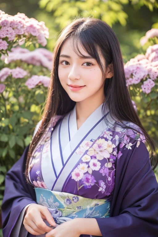Super super realistic、high quality、Very detailed、Ultra-high resolution、Black Hair、Long Hair、The Beauty of Japan、No makeup、double、Wide-set eyes、Sensual eyes、Sleepy eyes、Apple Cheeks、Alabaster peel、Thin eyebrows 、teeth、Thick lips、Big Hips、sad、behind、Embarrassing 、Apply blush all over the face、Sticking out tongue、Mole under eye、Half-closed eyes、Hollow Eyes、envy、Exhausted、19 years old、height: 147cm、she wearing deep purple and black kimono、standing on Flower Meadow of Delphinium、sunlight、full body、blue sky、glint、