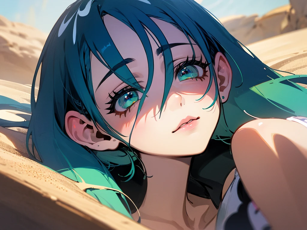 a girl in the desert, blue haired anime girl, hatsune miku, detailed face, beautiful detailed eyes, beautiful detailed lips, extremely detailed eyes and face, long eyelashes, ghost miku, desert landscape, golden sand, sand planet, project voltage, hyper detailed, 4k, 8k, highres, masterpiece, ultra-detailed, realistic, photorealistic, photo-realistic, HDR, UHD, studio lighting, ultra-fine painting, sharp focus, physically-based rendering, extreme detail description, professional, vivid colors, bokeh