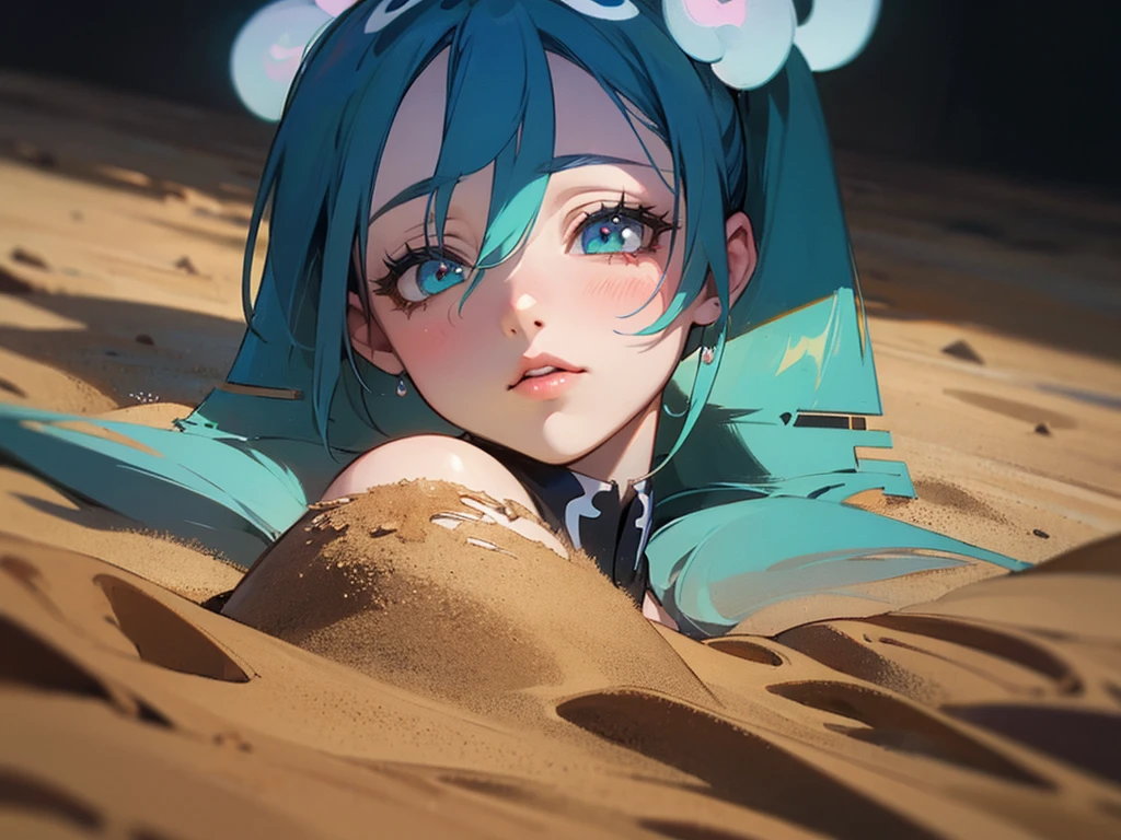 a girl in the desert, blue haired anime girl, hatsune miku, detailed face, beautiful detailed eyes, beautiful detailed lips, extremely detailed eyes and face, long eyelashes, ghost miku, desert landscape, golden sand, sand planet, project voltage, hyper detailed, 4k, 8k, highres, masterpiece, ultra-detailed, realistic, photorealistic, photo-realistic, HDR, UHD, studio lighting, ultra-fine painting, sharp focus, physically-based rendering, extreme detail description, professional, vivid colors, bokeh