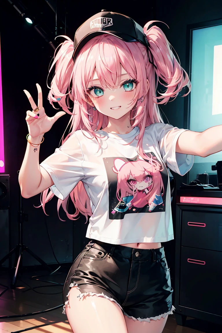 ((1 Girl)), Latest Fashion Trends, Neon Color Fashion, Shorts, Band T-shirts, Trucker Cap, Active, Selfie pose, blush, Open your mouth, Grin, Live Performance Venues, Cowboy Shot,((Very detailed,Highest quality, High resolution, 8k wallpaper, Beautiful clothes,)),((Pink Hair, Long Hair,Straight hair,Side Up)) ,(Deep green eyes),eye shadow, eyeliner,Glowing Eyes, Beautiful Eyes, 18-year-old girl