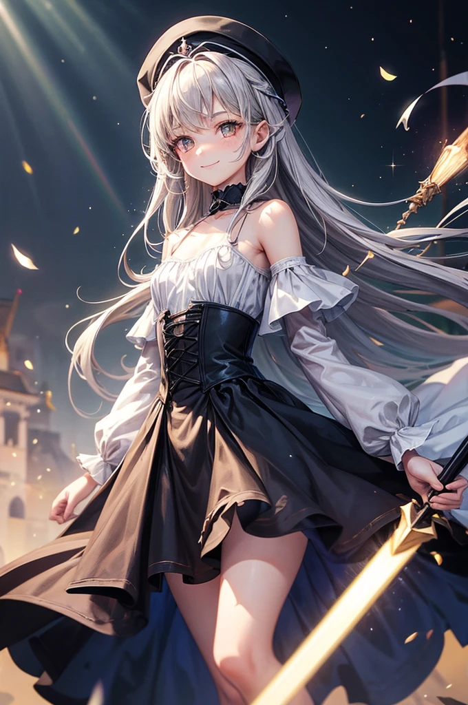 Perfect human body modeling, 1 girl, cute girl, pretty face, bitter smile, , Beautiful gray long hair, beautiful light brown eyes, flat chest, small build, No muscles, white skin, wizard, Big magic wand, gothic skirt, magical girl, little Medieval Dress, Princess Dresses, Big black hat, light particles, light sparkles, lens flare, Light particles, Magic light, strong light