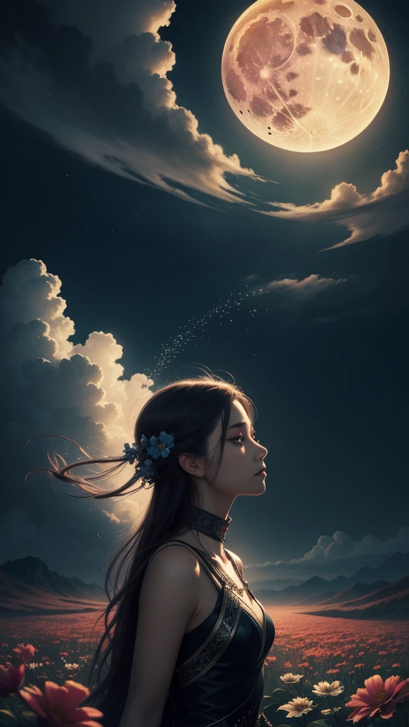 "((fantasy art)) featuring an alien girl, immersed in a heavenly symphony, clouds turn into bright splashes, flowers are scattered, like notes in the wind, visual orchestration of color and wonder" night , full moon