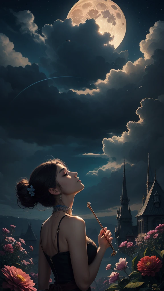 "((fantasy art)) featuring an alien girl, immersed in a heavenly symphony, clouds turn into bright splashes, flowers are scattered, like notes in the wind, visual orchestration of color and wonder" night , full moon